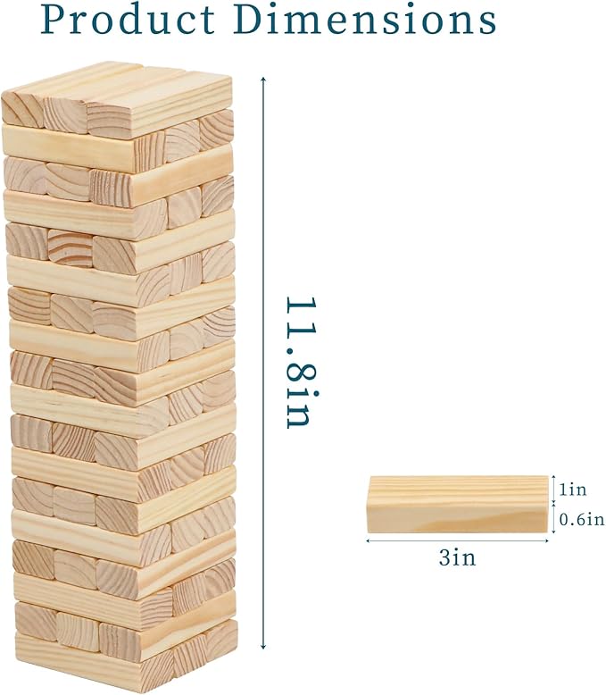 54PCS Classic Block Stacking Board Game Wooden Blocks Stacking Games for Kids and Families Tumbling Tower Blocks Game for Kids and Adults with Storage Bag
