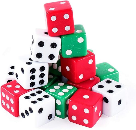 Assorted Colorful Dice in White, Red, Green for Board Games, Activity, Casino Theme, Party Favors, Toy Gifts (18 Pack)