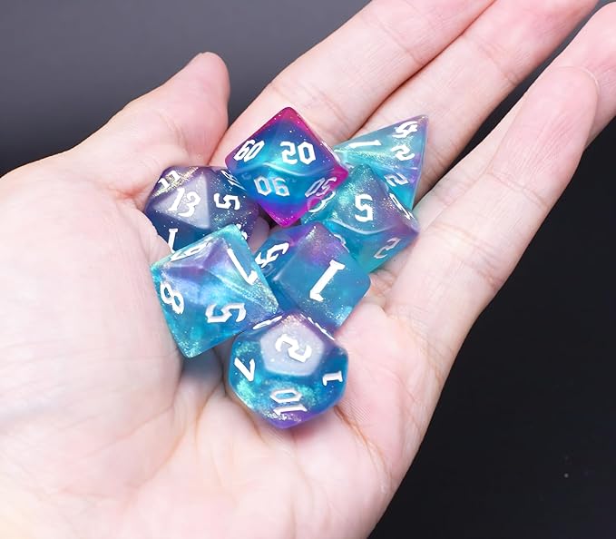 DND Dice Set with Dragon Totem Metal Gife Case, Dungeons and Dragons Dice Set,Polyhedral Dice Set Filled with Shiny Glitters,Role Playing Games and Tabletop Games (Green&Pink)