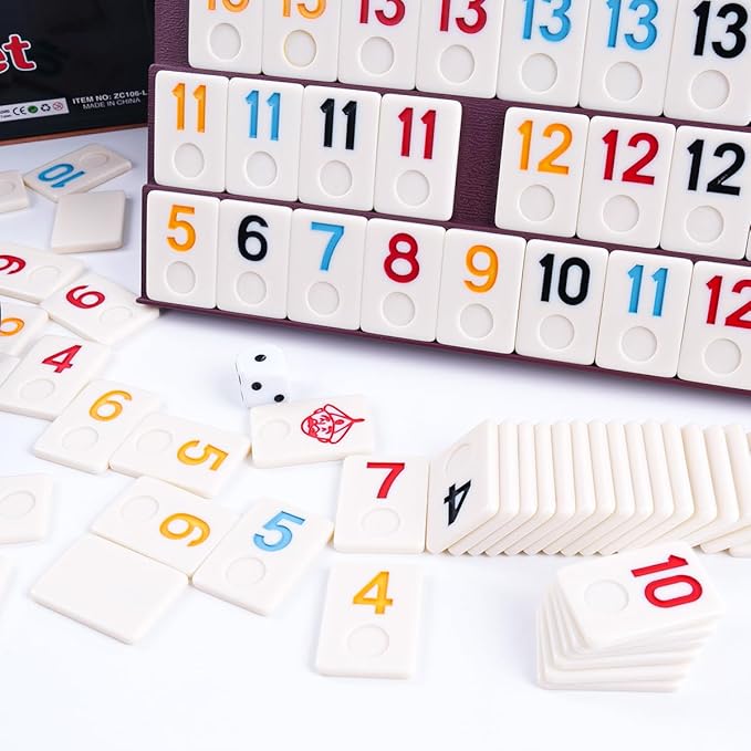Rummy Cube Game Set with 4 Plastic Racks and 106 Melamine Tiles, Color Case with 4 Tiles Holders