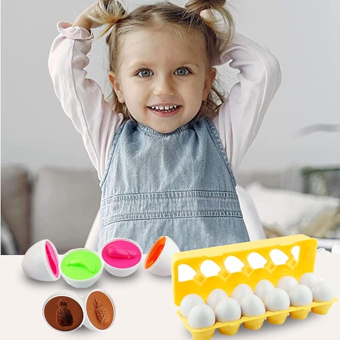Dimple 12 PCS Vegetable Egg Matching Toy with Holder – STEM Easter Eggs, Educational Shape & Color Sorting Puzzle, Plastic Easter Eggs, Baby Easter Basket Stuffers, Easter Gifts for Kids