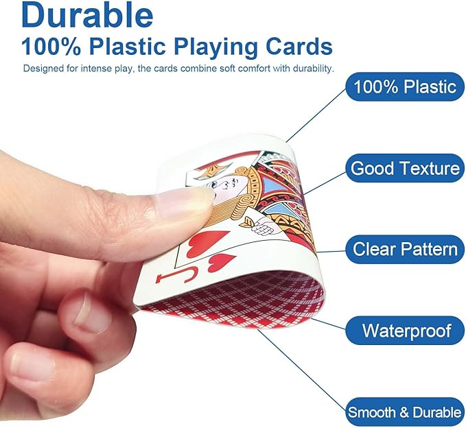 Red Plastic Playing Cards 2 Pack, Waterproof Poker Cards Professional, Deck of Cards, Standard Playing Card Decks for Texas, Go Fish, Hearts, Blackjack, Canasta Fun & Travel Card Games