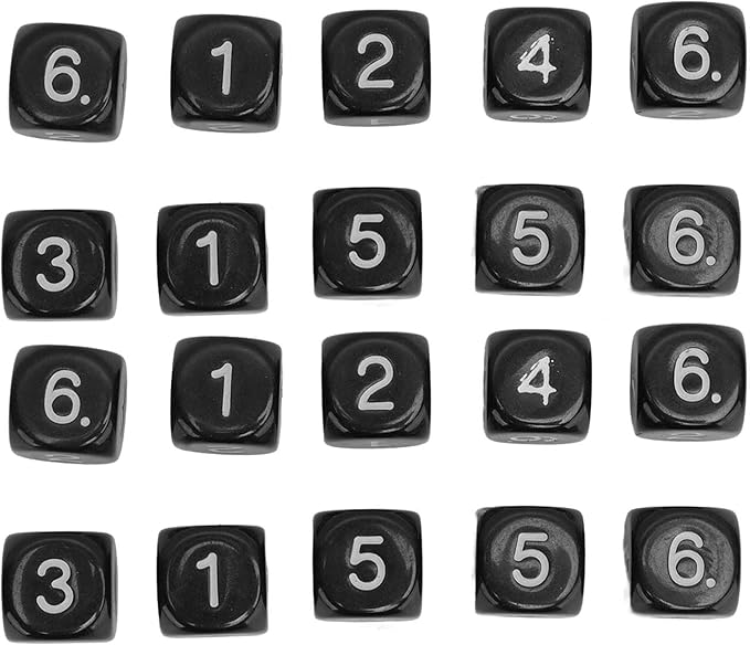 Number Dice, 20PCS Plastic 6 Sided Game Dice 16mm Round Corner Polyhedral Dice Set for Numeral Teaching Board Games (Black)