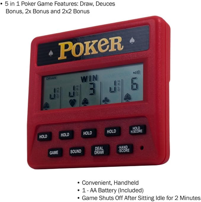 5-in-1 Hand Held Poker Game - Electronic Handheld Games for Adults Includes Draw, Deuces, Bonus, 2X and 2x2 Bonus - 3.9x3.4-Inch Pocket-Sized Travel Casino by Trademark Poker