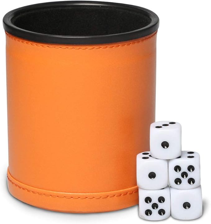 Felt Lined Dice Cup Set Orange PU Leather Dice Rolling Cup with 5 Standard Dot Dices Quiet Shaker for Farkle Yahtzee Bar Party Family Games Play