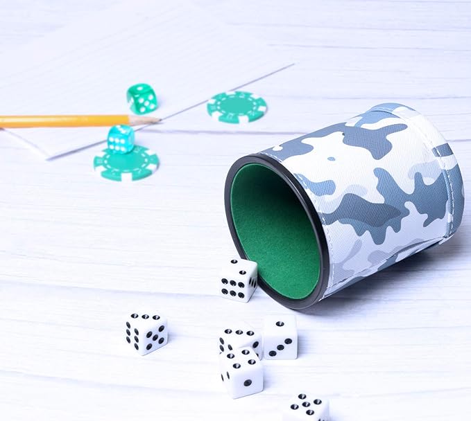 PU Leather Dice Cup with 6 Dice, Felt Lined Interior Quiet Shaker for Liars Dice/Farkle/Yahtzee Game, Camouflage Patterns
