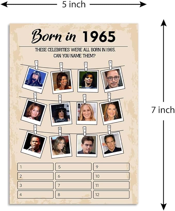 60th Birthday Party Games, Born in 1965 Games, Birthday Party Supplies for Adults, Fun 1965s Party Game，Pack of 30 Cards