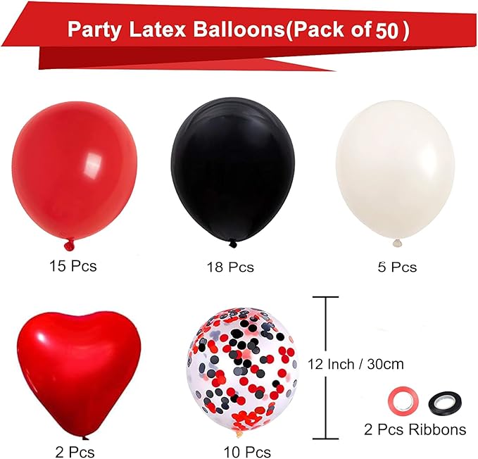 Red and Black Latex Balloons, 50Pcs 12inch Black Red White Party Balloons for Birthday,Wedding,Baby Shower,Casino Party, Race Car Party,Valentine's Day