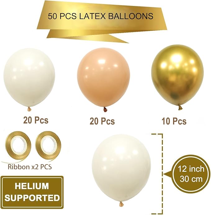 Blush Gold Beige Neutral Balloons, 50pcs 12 inch Neutral Balloons Blush Gold Beige Latex Balloons for Birthday Wedding Baby Shower Bride Party Decoration