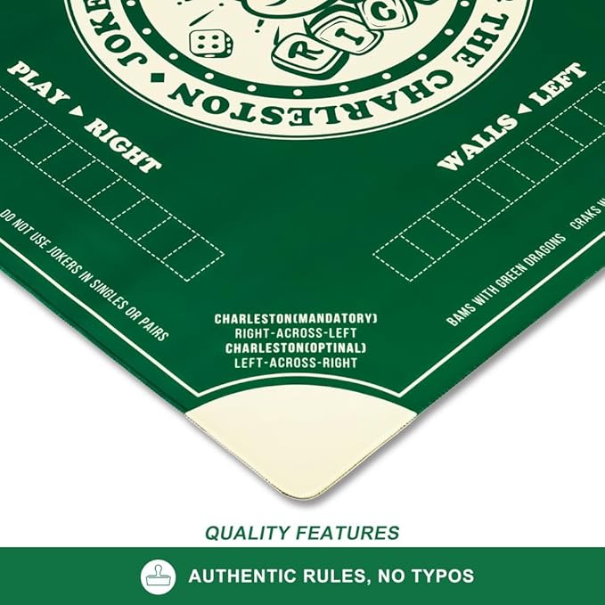 Mahjong Mat with Rules for Table,Non-Slip and Silent,Comes with 2 Dice and 1 Coral Velvet Mahjong Mat Storage Bag (Green)