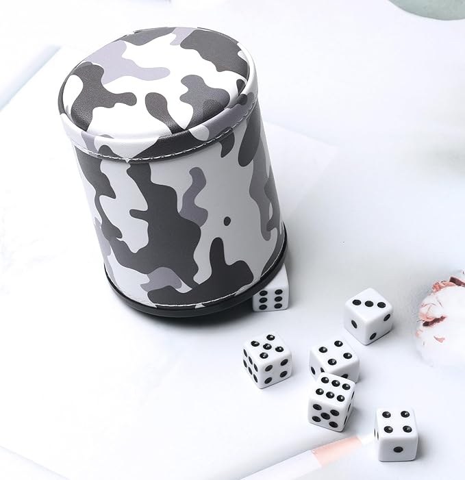 PU Leather Dice Cup Set, Felt Lined Camouflage Dice Shaker with 6 Dice for Liars Farkle Yahtzee Game
