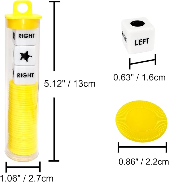 Left Right Center Dice Game Prime Set Bundle with 3 Dices + 36 Chips. Round Tube Storage is Very Convenient for Travel. Easy to Store, Carry Around. (Yellow)