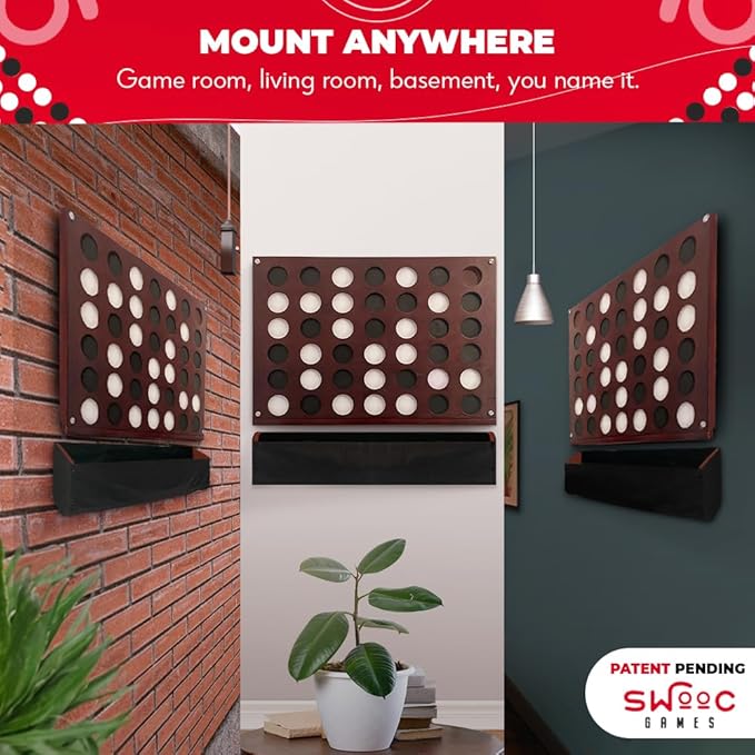 SWOOC Games - Wall Mounted Giant 4 in A Row - 60% Quieter - Jumbo Size Wall Games - Game Room Game, Accessories and Decor - Garage and Basement Decor - Large Connect - Four in a Row for Kids & Adults