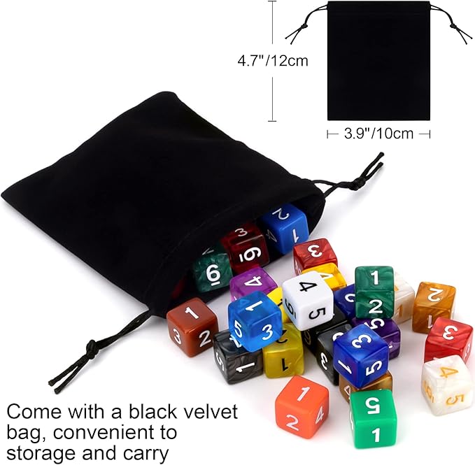 30 Pieces 6 Sided Polyhedral Dice Set 22 Colors 6 Sides Dice Assortment for Dungeons and Dragons RPG MTG Table Games Come with 1 Velvet Storage Bag