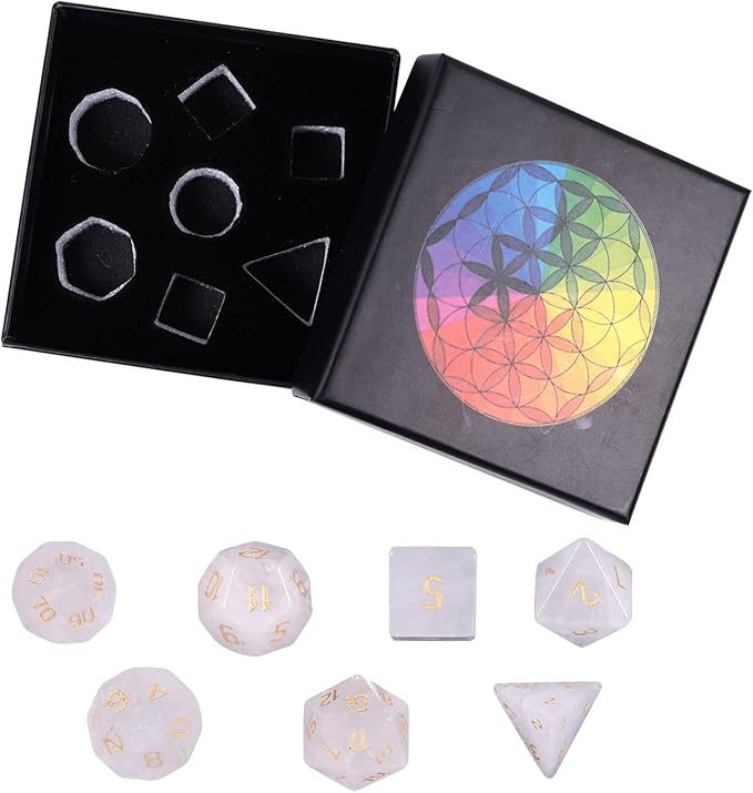 TUMBEELLUWA Engraved Crystal Stone Polyhedral Dice Set for RPG MTG Dungeons and Dragons Table Game 7 Pieces DND Board Game Dices with Pouch, Rock Crystal