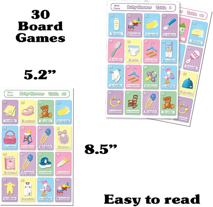 MoreFiesta Baby Shower Mexican Bingo Game in Spanish, for 30 Players