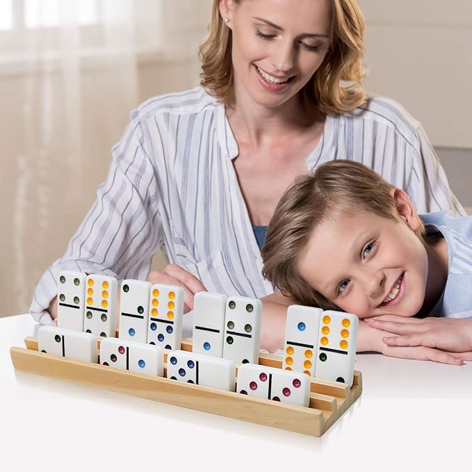 Exqline Wooden Domino Racks Set of 8 Premium Domino Trays Holders Organizer for Mexican Train Chickenfoot and Other Domino Games - Dominoes NOT Included
