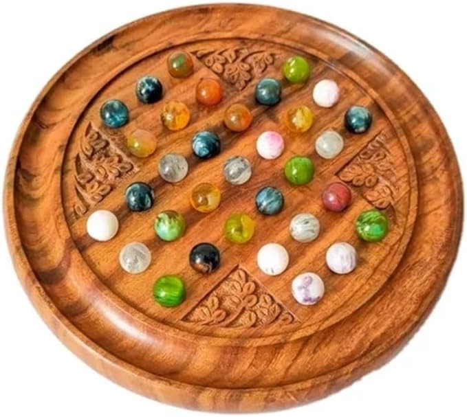 Acacia Wood Solitaire Handmade Board Game | with Multi Color Marble Balls Vintage Indian Design Game for Senior Adult Play Table Home Decor Wooden Game