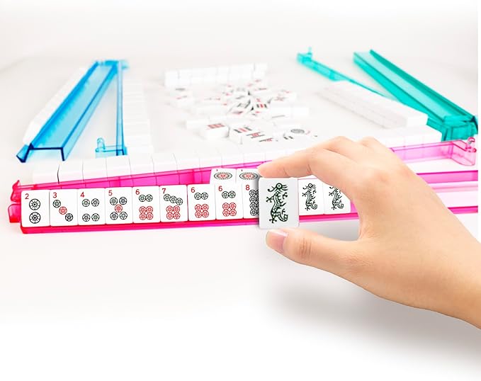 American Mahjong Game Set - Blue Soft Bag 166 Premium Tiles with 4 All-in-One Rack/Pushers,100 Chips, 1 Wind Indicator, English Manual. Easy Carry Full Size Complete MahJongg Set (Stripes)