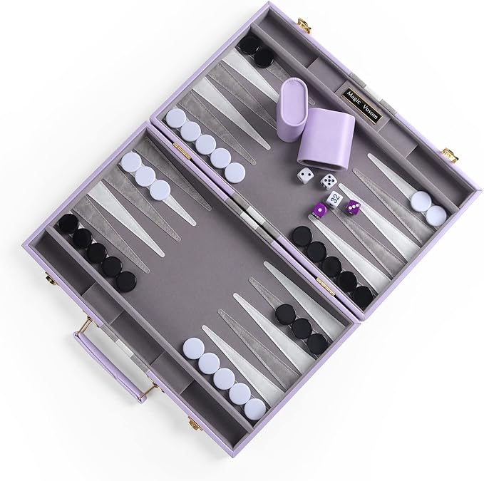Travel Medium 15 Inch Backgammon Set Classic Board Game Travel with Leather Make Board Gift Package, Portable Travel Strategy Backgammon Game Set for Adults, Kids (Purple, Medium)