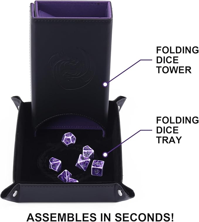DND Dice Tower and Tray Set with Non-Scratch Felt Lined Rolling and Velvet Surface - Folding Auto Dice Roller Dice Rolling Tower for RPG Board and Table Games