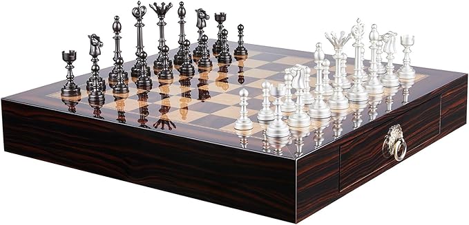 AMEROUS 20 Inches Wooden Chess Set with Metal Chess Pieces- 4.5'' King - 2 Built-in Storage Drawers - Gift Packaging,Tournament Chess Board Games for Adults and Kids