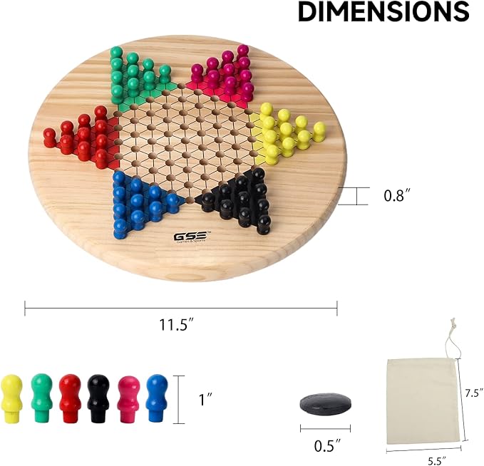 GSE Games & Sports Expert 11.5" Natural Wood 2-in-1 Chinese Checkers and Gobang Board Game Set with 66 Colorful Wooden Pegs and Stones, Classic Strategy Game for Kids & Adults