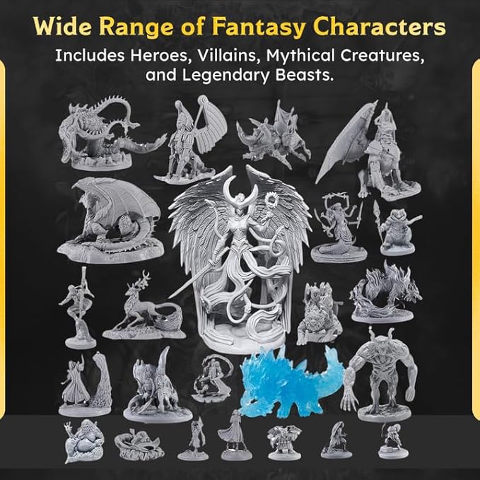 3D Minis Mega Bundle, Unpainted D&D Miniatures, D&D Miniatures, and Miniature Figures for Tabletop Games, Bulk Set of Fantasy Miniatures and DND Accessories for Players
