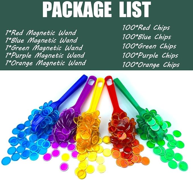 Magnetic Wands and Bingo Chips Set Magnet Wand wtih 100pcs Metal Ringed Discs for Elderly School Science STEM Kit Math Learning Chess Accessories