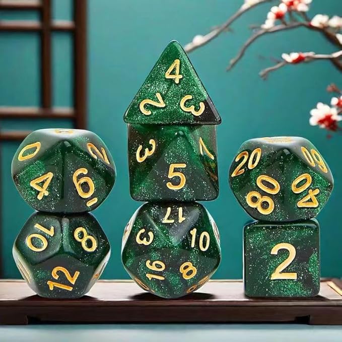 DND Polyhedral Dice Set with a Black Dice Bag for D&D RPG MTG Role Playing Table Games RPG Polyhedral Dice for Dungeon and Dragons Playing Games 7-Die Set (Black&Green+Nebula Dice)