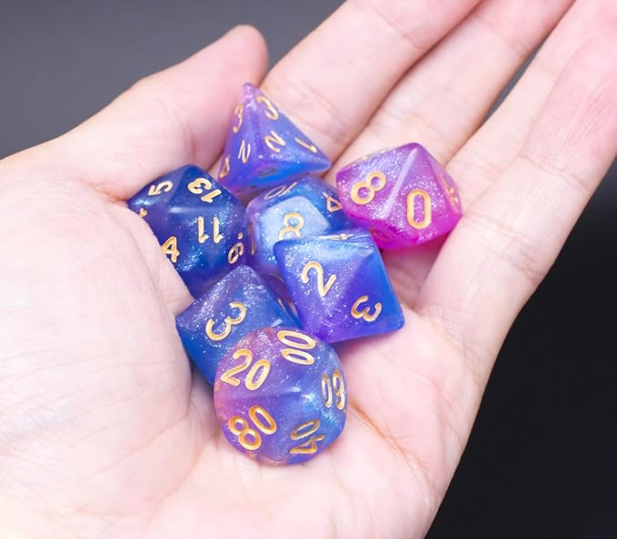 DND Dice Set with Dragon Totem Metal Gife Case, Dungeons and Dragons Dice Set,Polyhedral Dice Set Filled with Shiny Glitters,Role Playing Games and Tabletop Games (Deep Blue&Pink)