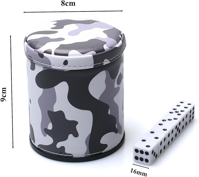 PU Leather Dice Cup Set, Felt Lined Camouflage Dice Shaker with 6 Dice for Liars Farkle Yahtzee Game