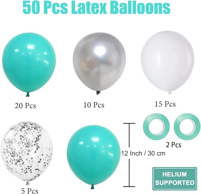 Teal Blue White Balloons, 50Pcs Turquoise Blue White Silver Confetti Latex Balloons for Wedding Bridal Baby Shower Birthday Graduation Party Decorations