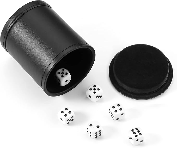 Felt Lined Dice Cup PU Leather Set, Quiet Shaker for Dice Board Family Games Yahtzee Farkle, Set of Six 16mm Rolling Dice Included