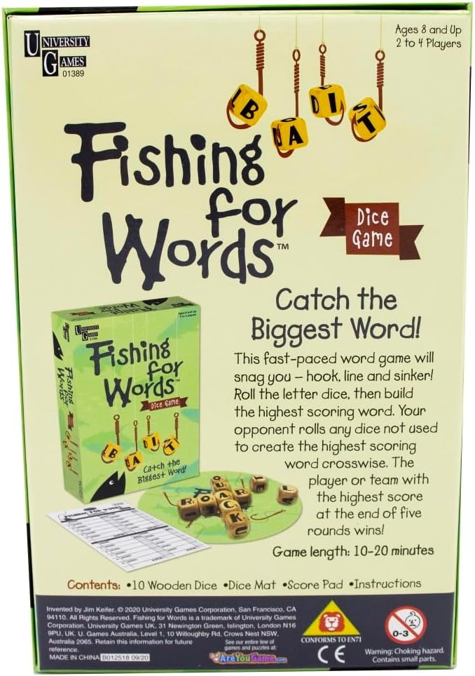 Fishing for Words, Dice Game, Word Game, Travel Game, Family Game, Bar Game, 2 to 4 players, ages 8 and up, Green