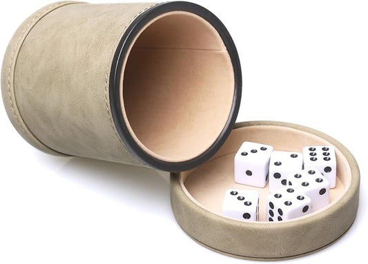 Brown Suede Faux Leather Dice Cup with Lid, Soft Felt Interior Quiet Dice Shaker Cup with 6 Dice for Liars Dice/Farkle/Yahtzee Games, 1 Pack
