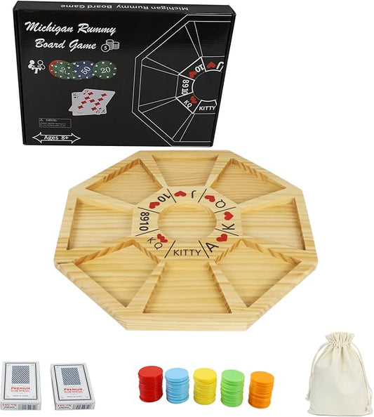 Michigan Rummy Game Deluxe Set Perfect Blend of A Royal Game of Hearts Rummy Poker Wooden Tripoley Board Game Betting Bluffing Game Classical Family Card Game for 100 Chips（Walnut）