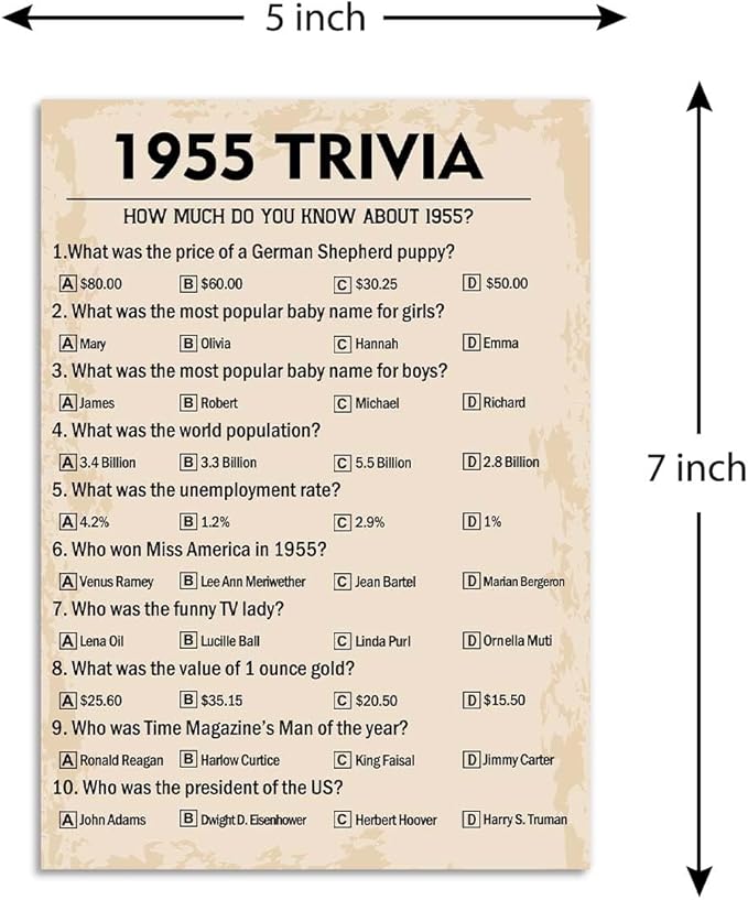 QUPT 70th Birthday Party Games, 1955 Trivia Games, Birthday Party Supplies for Adults, Fun 1955s Party Game, Pack of 30 Cards