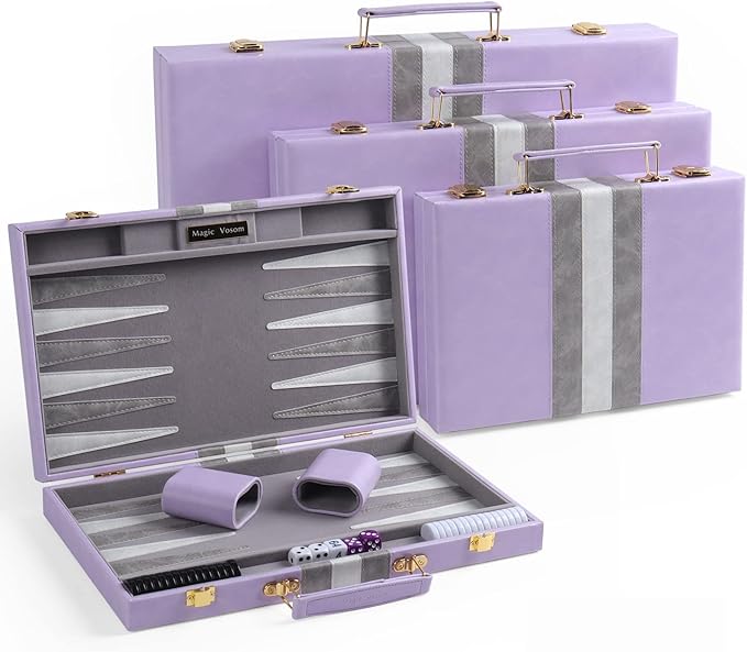 Travel Medium 15 Inch Backgammon Set Classic Board Game Travel with Leather Make Board Gift Package, Portable Travel Strategy Backgammon Game Set for Adults, Kids (Purple, Medium)
