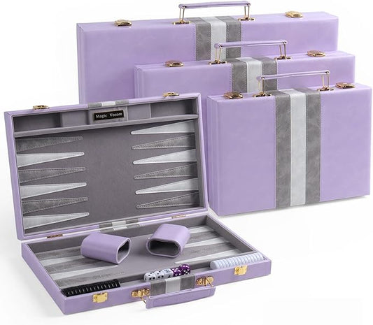 Travel Medium 15 Inch Backgammon Set Classic Board Game Travel with Leather Make Board Gift Package, Portable Travel Strategy Backgammon Game Set for Adults, Kids (Purple, Medium)