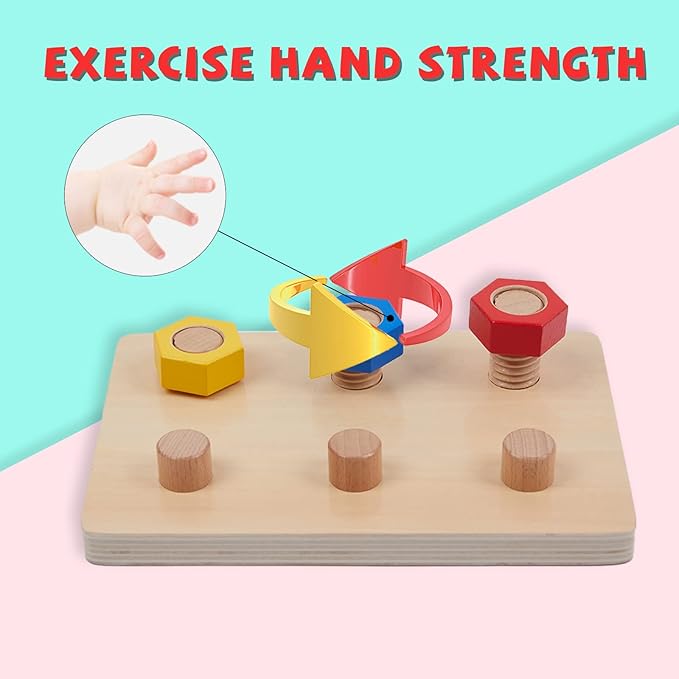 Wooden Toys for Toddlers 1 2 3 Years Old Jumbo 3 Color Wooden Nuts and 6 Bolts On Board,Wooden Puzzle Stacking Toys for Occupational Therapy Toys Fine Motor Skills for 18 Months Boys Girls Baby Gift