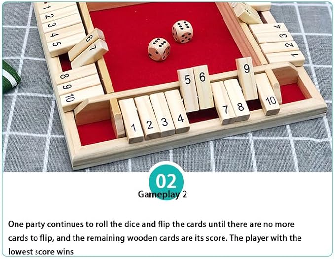 Dice Games Shut The Box Game，2PCS Red Classic 4 Sided Wooden Board Game Flip 12 Numbers Classic Tabletop Games Family Math Strategy Game for Christmas Party Classroom Home or Pub Bar
