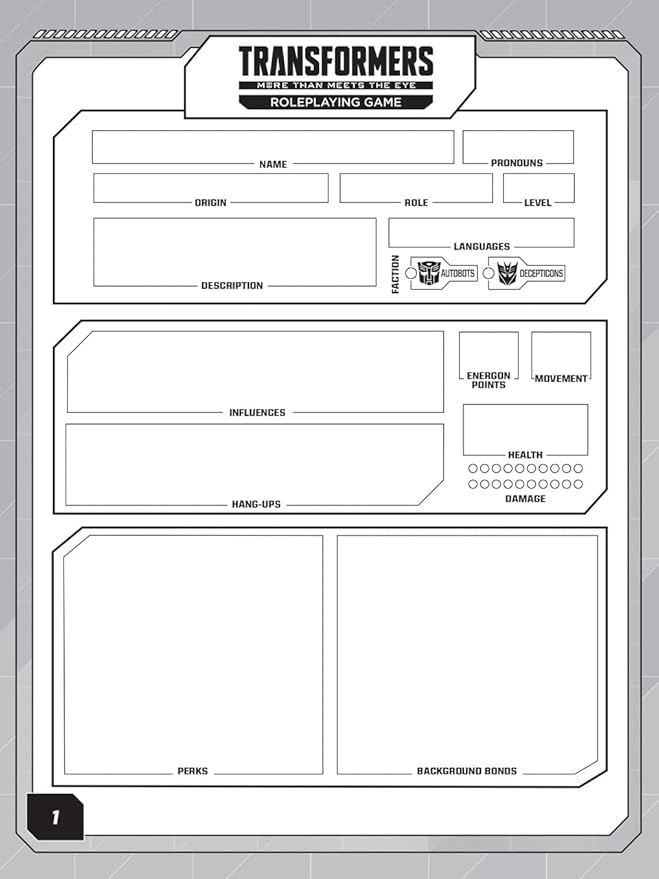 Renegade Game Studios Transformers Roleplaying Game Expanded Character Sheet Journal