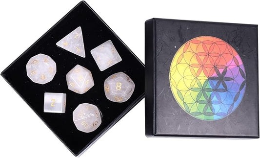 Nupuyai Healing Rock Quartz Crystal D&D Polyhedral Dice Set with Box for Dungeons and Dragons, Set of 7 Table Top Game Dice for RPG MTG Roleplaying Collection