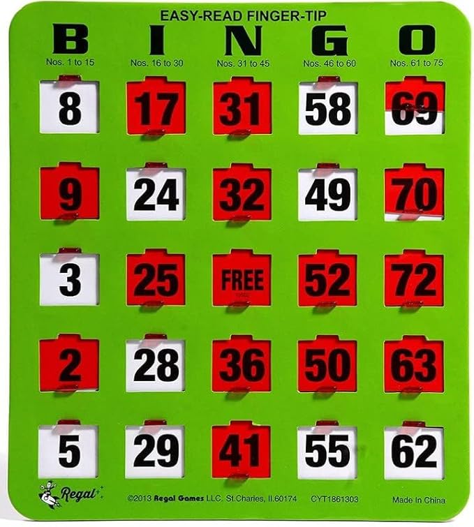 Regal Bingo - Shutter Slide Bingo Cards Only - 8” x 9” - 5-Ply Green Cardstock - Easy to Read - No Duplicates - Red Sliding Windows - Perfect for Large Groups, Bulk Purchasing