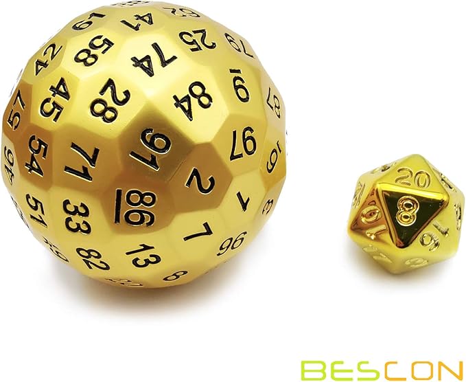 Bescon Solid Metal 100 Sided Dice, Game Dice D100, Giant Polyhedral Metal 100 Sides Dice 50MM in Diameter (1.97in), Matt Golden
