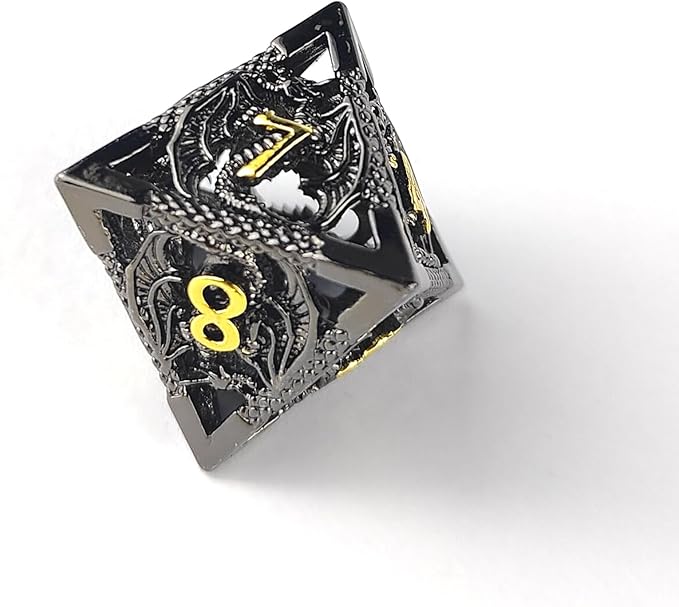 Hollow Dragon Metal Dice,Unique Dungeons and Dragons Polyhedral Dice Set for D&D TRPG,MTG,Pathfinder,Table Board Roll Playing Games D4 D6 D8 D10 D% D12 D20 (Black and Gold)