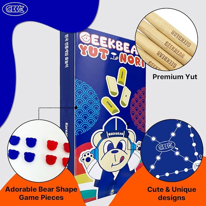 GEEKBEAR YUTNORI Board Game - Korean Board Game YUNNORI- Traditional Korean Folk Game with Yuts - Traditional Korean Family Game with Woodsticks - Korea YUT Nori Game