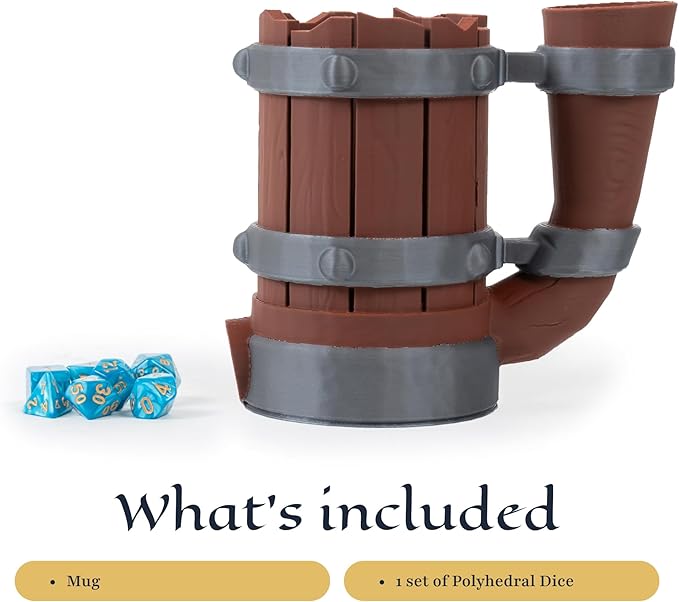 Mug Dice Tower - Dice Rolling Tower, for DND and Tabletop Games, Drink Holder, Tavern Style Board Game Roller, Comes with Random Polyhedral dice, Brown / Grey, BGRS02