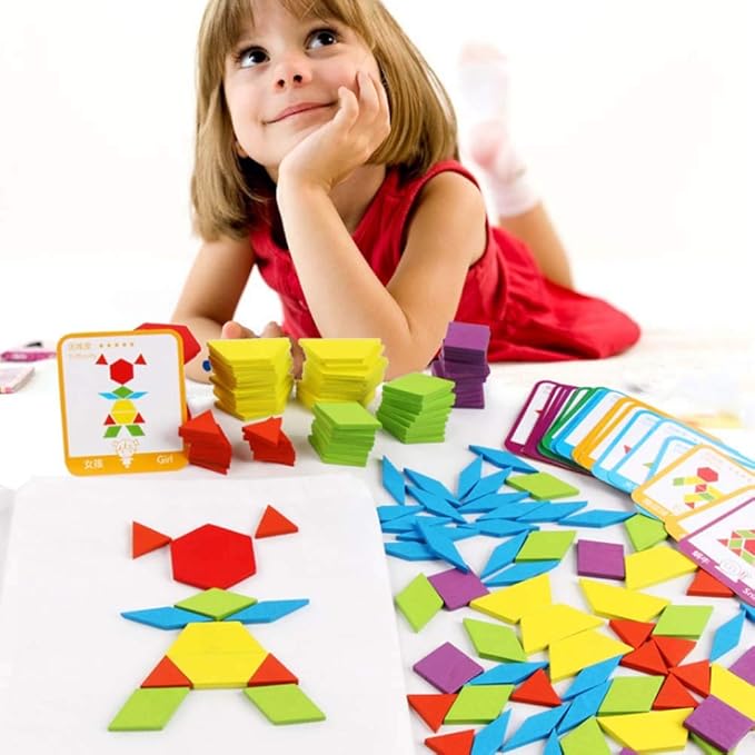 JCREN Wooden Pattern Blocks Montessori Toys Shape Puzzles Kindergarten Classic Educational Tangram Geometric Brain Teaser Toys Best STEM for Kids Ages 4-8 with 24 Pcs Design Cards